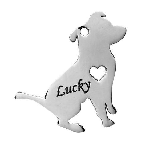Picture of 1 Piece 304 Stainless Steel Pet Silhouette Blank Stamping Tags Pendants Pit Bull Terrier Animal Heart Silver Tone Double-sided Polishing 31mm x 29mm