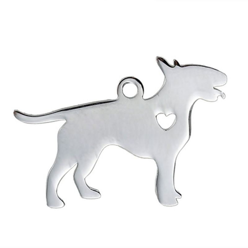 Picture of 304 Stainless Steel Pet Silhouette Pendants Pit Bull Terrier Animal Heart Silver Tone Blank Stamping Tags One Side 31mm x 29mm, 1 Piece