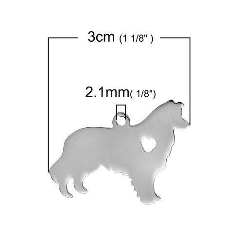 Picture of 304 Stainless Steel Pet Silhouette Blank Stamping Tags Pendants Alaskan Malamute Animal Heart Silver Tone One-sided Polishing 30mm x 23mm, 1 Piece