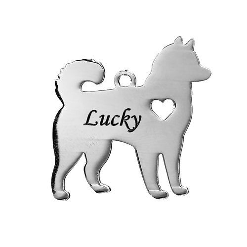 Picture of 304 Stainless Steel Pet Silhouette Blank Stamping Tags Charms Husky Animal Heart Silver Tone One-sided Polishing 28mm x 28mm, 1 Piece