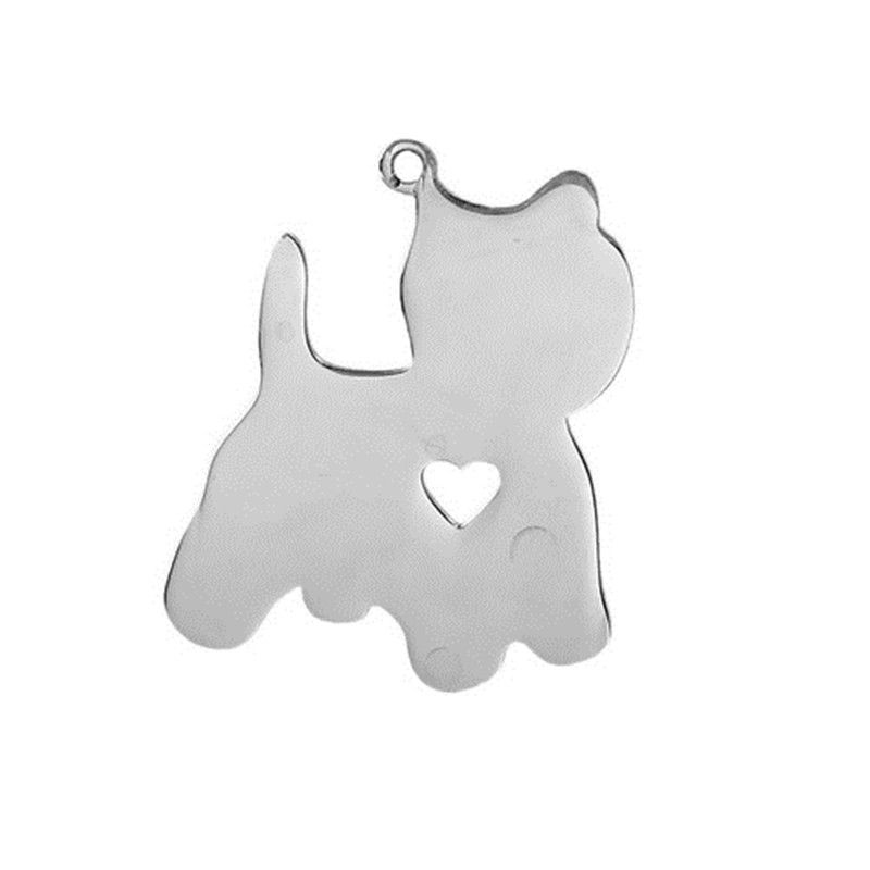 Picture of 304 Stainless Steel Pet Silhouette Blank Stamping Tags Charms Husky Animal Heart Silver Tone One-sided Polishing 28mm x 28mm, 1 Piece