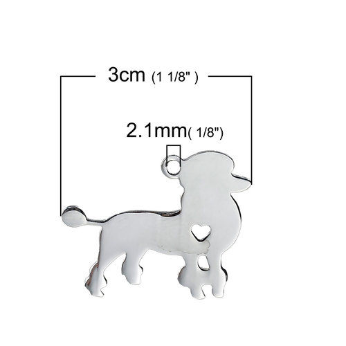 Picture of 1 Piece 304 Stainless Steel Pet Silhouette Blank Stamping Tags Pendants Poodle Animal Heart Silver Tone Double-sided Polishing 30mm x 24mm