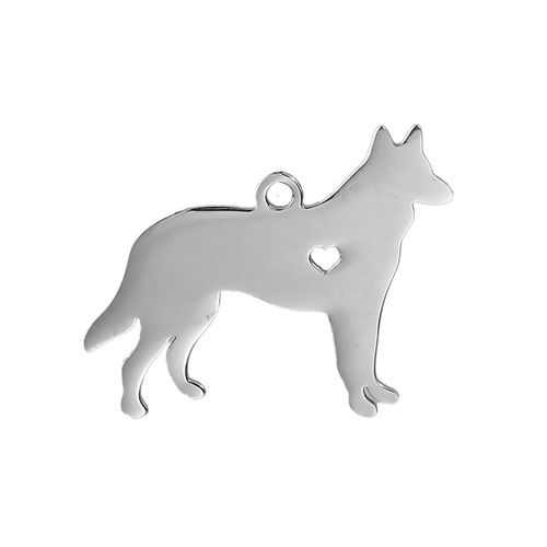 Picture of 304 Stainless Steel Pet Silhouette Blank Stamping Tags Pendants German Shepherd Animal Heart Silver Tone One-sided Polishing 30mm x 23mm, 1 Piece
