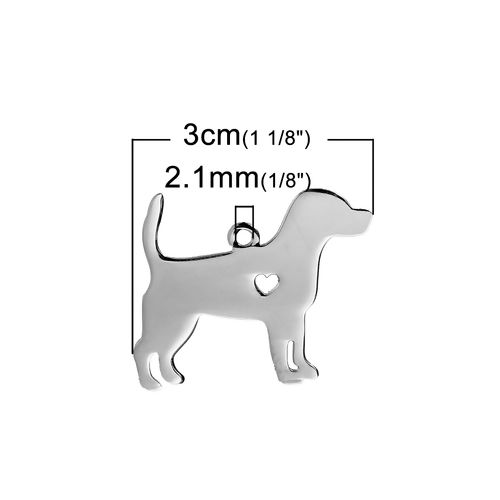 Picture of 1 Piece 304 Stainless Steel Pet Silhouette Blank Stamping Tags Pendants Beagle Animal Heart Silver Tone Double-sided Polishing 30mm x 24mm
