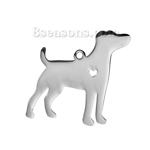 Picture of 304 Stainless Steel Pet Silhouette Blank Stamping Tags Pendants Jack Russell Terrier Animal Heart Silver Tone One-sided Polishing 31mm x 29mm, 1 Piece