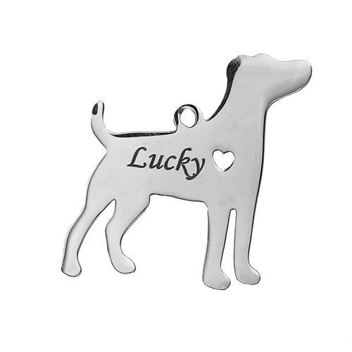 Picture of 1 Piece 304 Stainless Steel Pet Silhouette Blank Stamping Tags Pendants Jack Russell Terrier Animal Heart Silver Tone Double-sided Polishing 31mm x 29mm