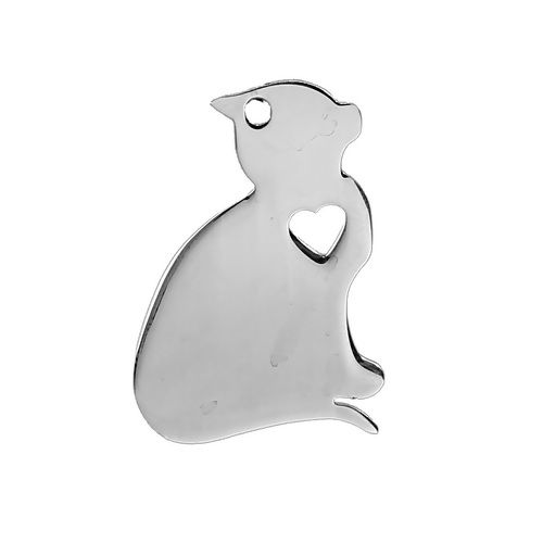 Picture of 1 Piece 304 Stainless Steel Pet Silhouette Blank Stamping Tags Charms Cat Animal Heart Silver Tone Double-sided Polishing 29mm x 20mm