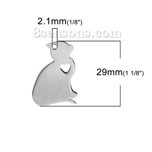Picture of 1 Piece 304 Stainless Steel Pet Silhouette Blank Stamping Tags Charms Cat Animal Heart Silver Tone Double-sided Polishing 29mm x 20mm