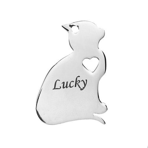 Picture of 304 Stainless Steel Pet Silhouette Charms Cat Animal Heart Silver Tone Blank Stamping Tags One Side 29mm x 20mm, 1 Piece