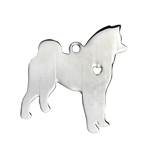 Picture of 1 Piece 304 Stainless Steel Pet Silhouette Blank Stamping Tags Pendants Akita Animal Heart Silver Tone Double-sided Polishing 30mm x 25mm