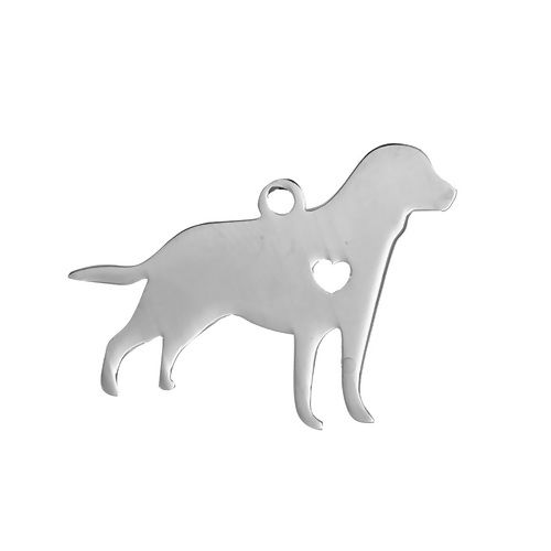 Picture of 1 Piece 304 Stainless Steel Pet Silhouette Blank Stamping Tags Charms Labrador Retriever Dog Heart Silver Tone Double-sided Polishing 29mm x 24mm