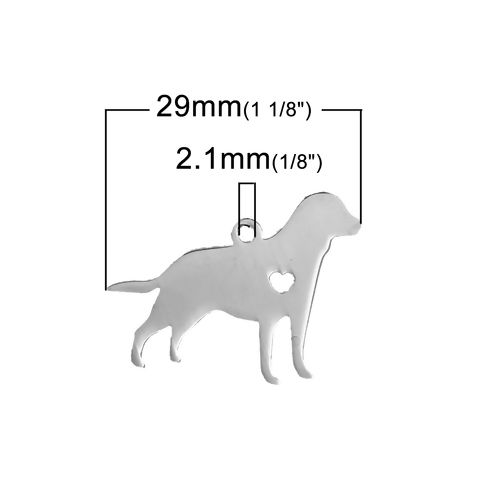 Picture of 304 Stainless Steel Pet Silhouette Charms Labrador Retriever Dog Heart Silver Tone Blank Stamping Tags One Side 29mm x 24mm, 1 Piece