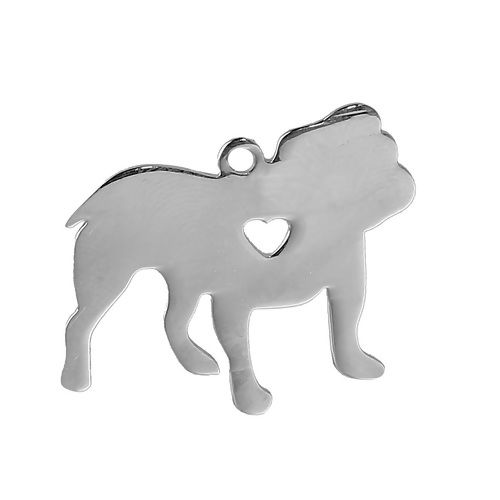 Picture of 304 Stainless Steel Pet Silhouette Blank Stamping Tags Charms Bulldog Animal Heart Silver Tone One-sided Polishing 28mm x 27mm, 1 Piece