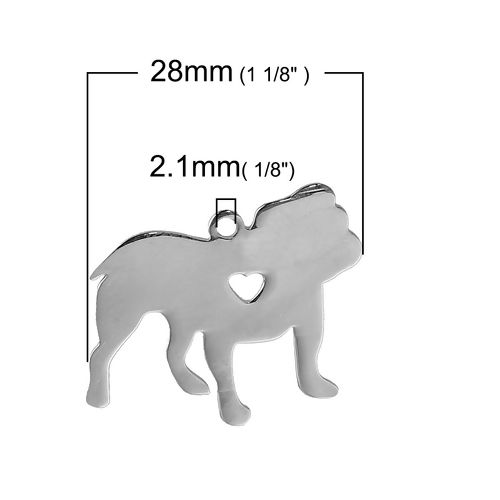 Picture of 1 Piece 304 Stainless Steel Pet Silhouette Blank Stamping Tags Charms Bulldog Animal Heart Silver Tone Double-sided Polishing 28mm x 27mm