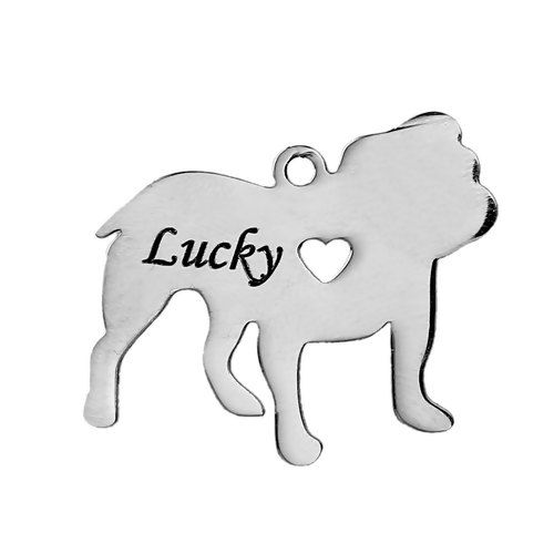 Picture of 1 Piece 304 Stainless Steel Pet Silhouette Blank Stamping Tags Charms Bulldog Animal Heart Silver Tone Double-sided Polishing 28mm x 27mm