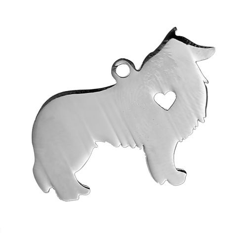 Picture of 304 Stainless Steel Pet Silhouette Blank Stamping Tags Pendants Collie Animal Heart Silver Tone One-sided Polishing 31mm x 24mm, 1 Piece