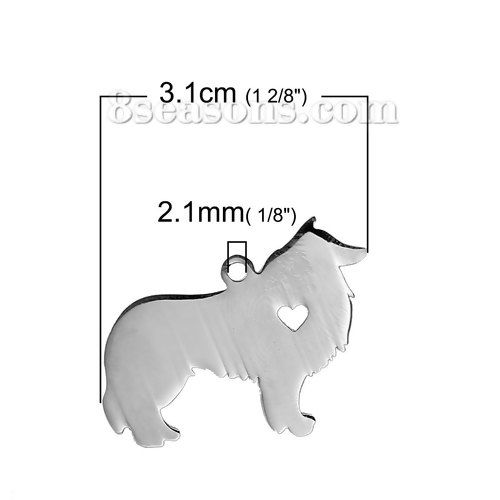 Picture of 1 Piece 304 Stainless Steel Pet Silhouette Blank Stamping Tags Pendants Collie Animal Heart Silver Tone Double-sided Polishing 31mm x 24mm