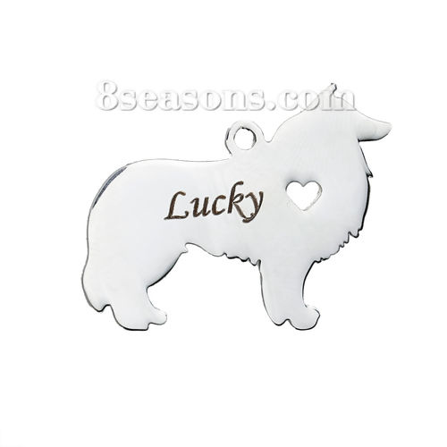 Picture of 1 Piece 304 Stainless Steel Pet Silhouette Blank Stamping Tags Pendants Collie Animal Heart Silver Tone Double-sided Polishing 31mm x 24mm