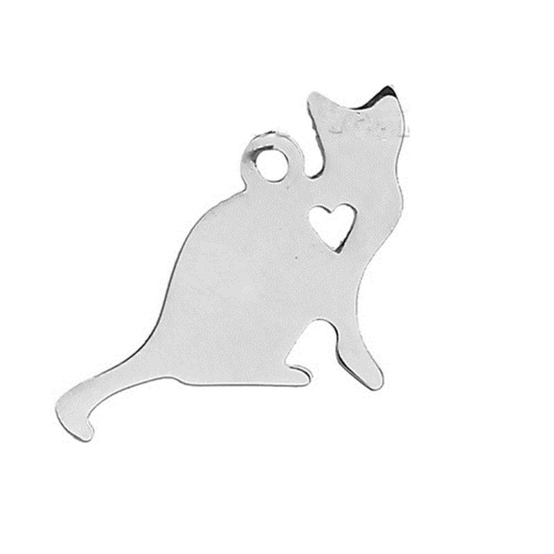 Picture of 1 Piece 304 Stainless Steel Pet Silhouette Blank Stamping Tags Charms Cat Animal Heart Silver Tone Double-sided Polishing 22mm x 17mm