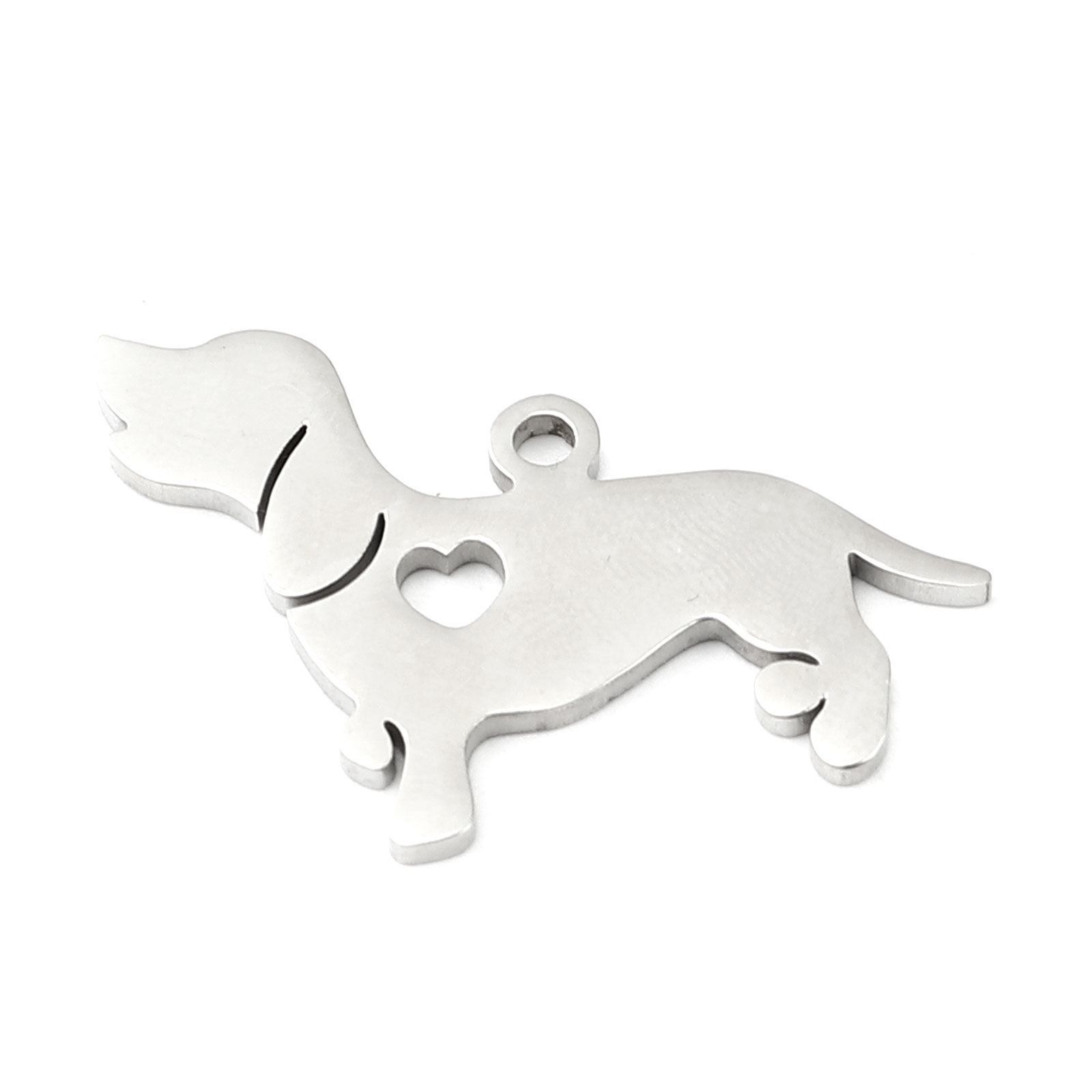 Picture of 1 Piece 304 Stainless Steel Pet Silhouette Blank Stamping Tags Charms Dog Animal Heart Silver Tone Double-sided Polishing 29mm x 23mm