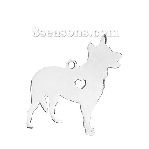Picture of 1 Piece 304 Stainless Steel Pet Silhouette Blank Stamping Tags Pendants Dog Animal Heart Silver Tone Double-sided Polishing 33mm x 28mm