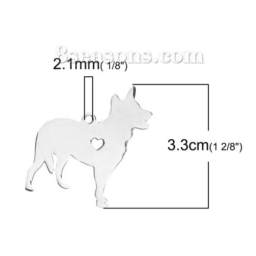 Picture of 1 Piece 304 Stainless Steel Pet Silhouette Blank Stamping Tags Pendants Dog Animal Heart Silver Tone Double-sided Polishing 33mm x 28mm