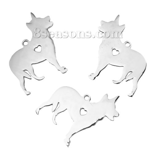 Picture of 1 Piece 304 Stainless Steel Pet Silhouette Blank Stamping Tags Pendants Dog Animal Heart Silver Tone Double-sided Polishing 33mm x 28mm