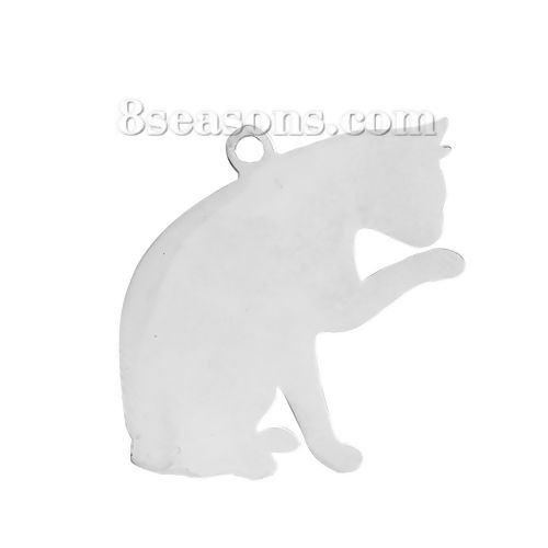 Picture of 304 Stainless Steel Pet Silhouette Charms Cat Animal Silver Tone Blank Stamping Tags One Side 29mm x 27mm, 1 Piece