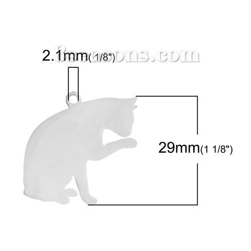 Picture of 1 Piece 304 Stainless Steel Pet Silhouette Blank Stamping Tags Charms Cat Animal Silver Tone Double-sided Polishing 29mm x 27mm