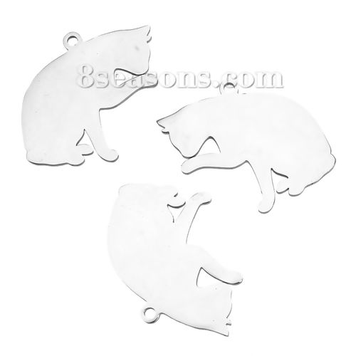 Picture of 304 Stainless Steel Pet Silhouette Blank Stamping Tags Charms Cat Animal Silver Tone One-sided Polishing 29mm x 27mm, 1 Piece