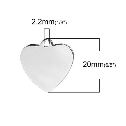 Picture of Stainless Steel Charms Heart Silver Tone Blank Stamping Tags One Side 20mm x 20mm, 2 PCs