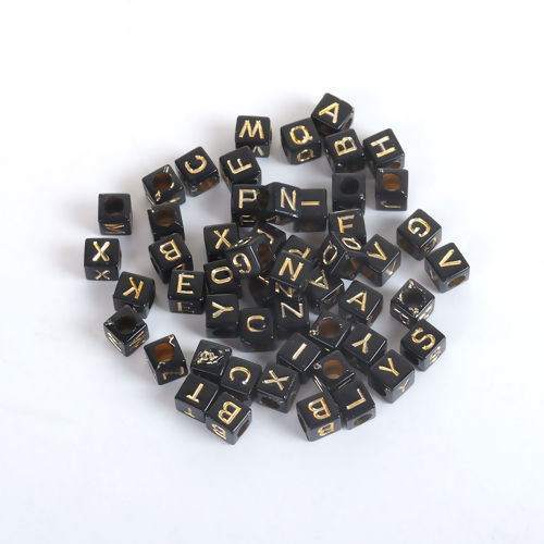 Picture of Acrylic Beads Square Black & Gold At Random Initial Alphabet/ Letter Pattern About 6mm x 6mm, Hole: Approx 3.4mm, 500 PCs