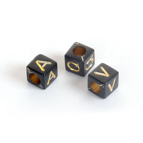 Picture of Acrylic Beads Square Black & Gold At Random Initial Alphabet/ Letter Pattern About 6mm x 6mm, Hole: Approx 3.4mm, 500 PCs