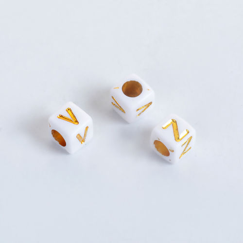 Picture of Acrylic Beads Square White & Gold At Random Initial Alphabet/ Letter Pattern About 6mm x 6mm, Hole: Approx 3.4mm, 500 PCs
