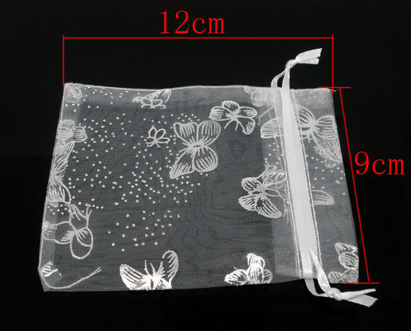 Picture of Wedding Gift Organza Jewelry Bags Drawstring Rectangle Mixed Butterfly Pattern 12cm x9cm(4 6/8" x3 4/8"), 100 PCs