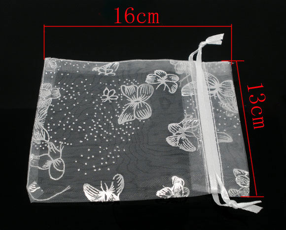 Picture of Wedding Gift Organza Jewelry Bags Drawstring Rectangle White Butterfly Pattern 16cm x13cm(6 2/8" x5 1/8"), 50 PCs