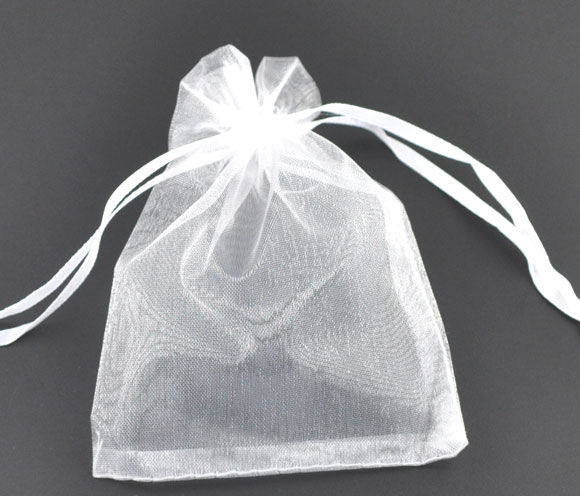 Picture of Wedding Gift Organza Jewelry Bags Drawstring Rectangle White 9cm x7cm(3 4/8" x2 6/8"), 100 PCs