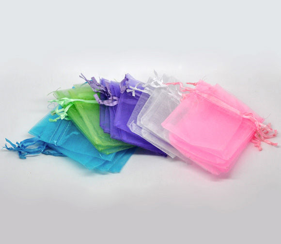 Picture of Wedding Gift Organza Jewelry Bags Drawstring Rectangle Mixed 9cm x7cm(3 4/8" x2 6/8"), 100 PCs
