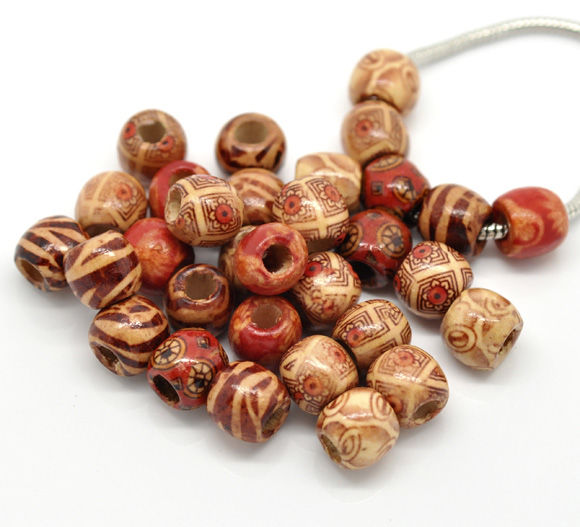 Picture of Wood European Style Large Hole Charm Beads Barrel Mixed Pattern 12x11mm, Hole: Approx 4.8mm, 100 PCs