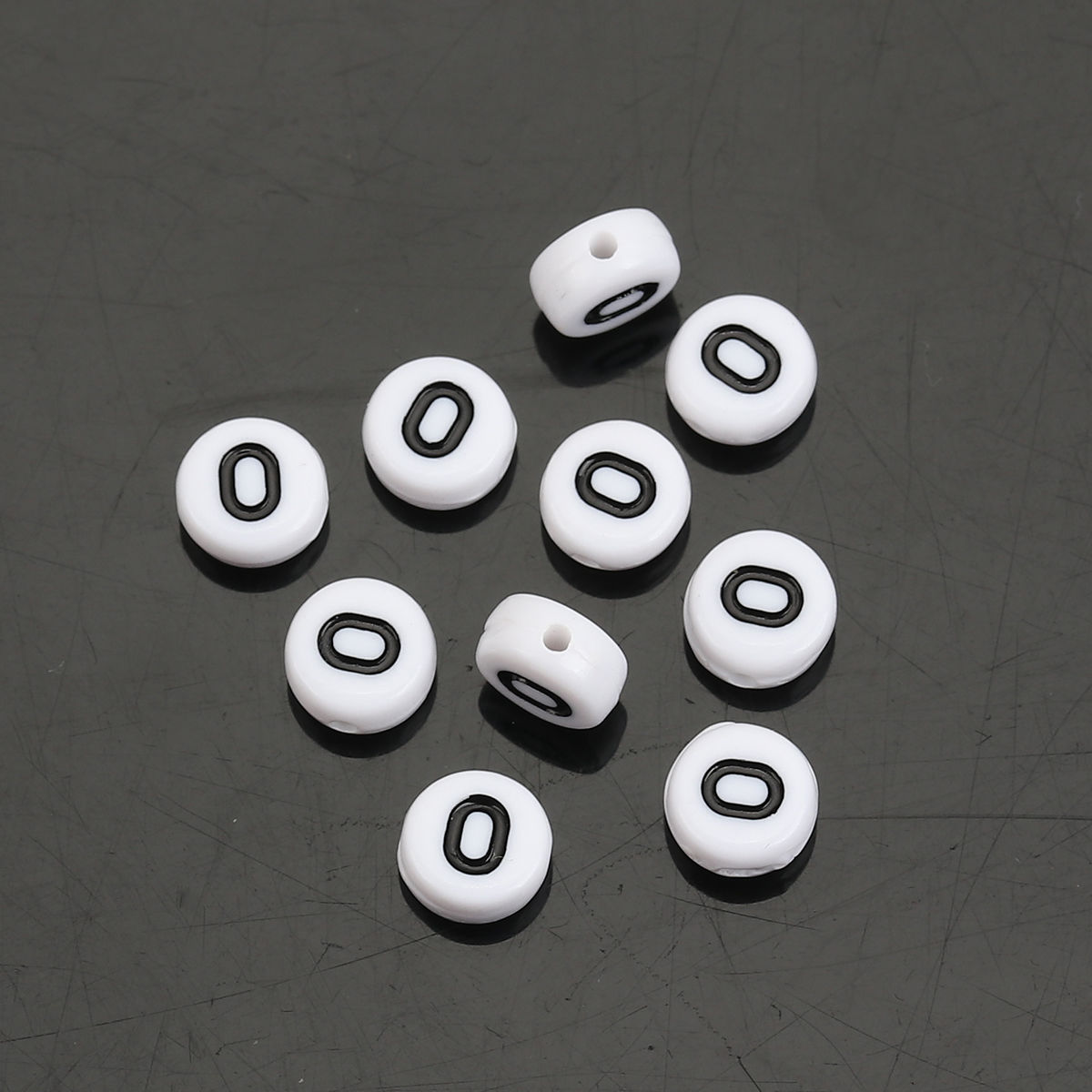 Picture of Acrylic Spacer Beads Flat Round White Alphabet/ Letter "O" About 7mm Dia, Hole: Approx 1mm, 500 PCs