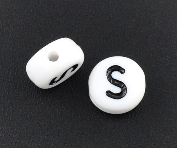 Picture of Acrylic Spacer Beads Round White Alphabet/ Letter "S" About 7mm Dia, Hole: Approx 1mm, 500 PCs