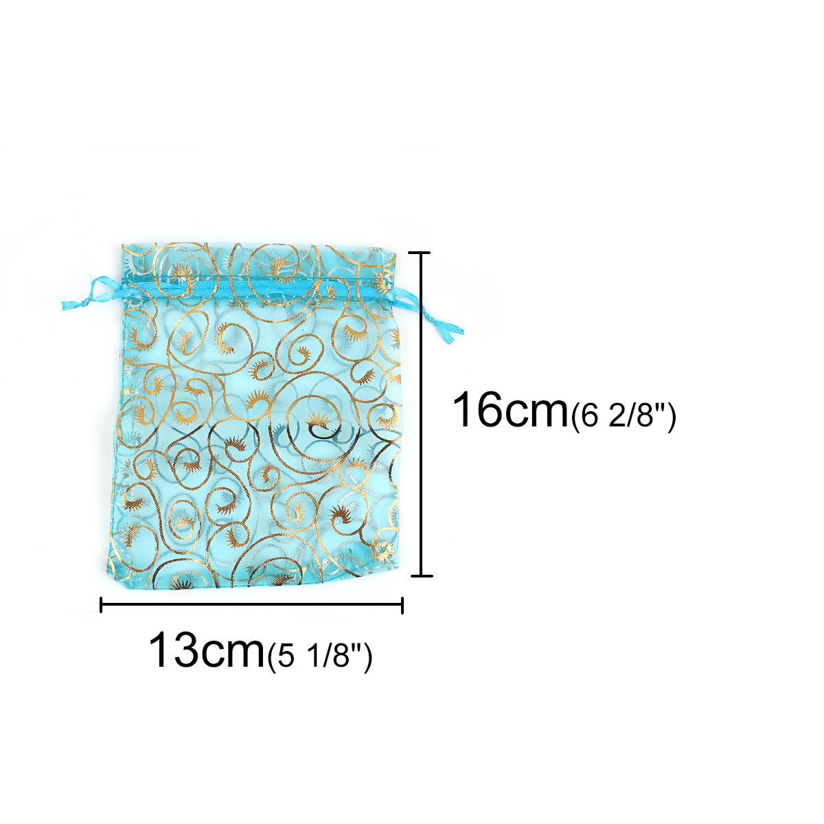 Picture of Wedding Gift Organza Jewelry Bags Drawstring Rectangle Skyblue Vine Pattern 16cm x13cm(6 2/8" x5 1/8"), 50 PCs