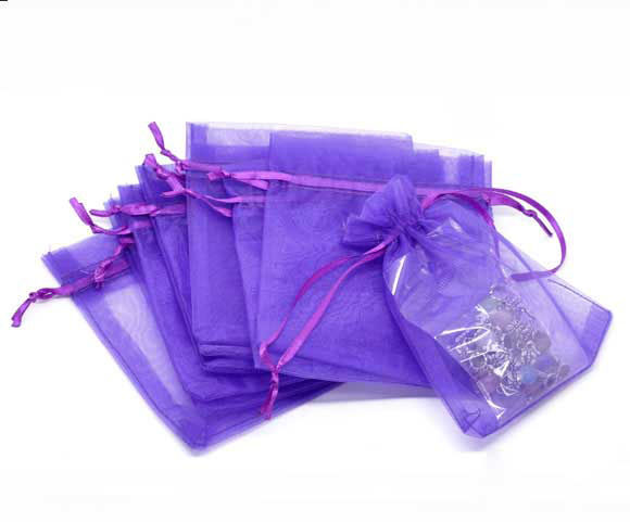 結婚祝い ギフト オーガンジー袋 巾着袋 アクセサリーバック ラッピング   ジュエリーポーチ 巾着袋 長方形 紫 9cm x 7cm、 100 個 の画像