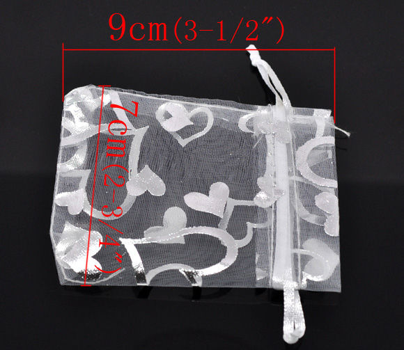 Picture of Wedding Gift Organza Jewelry Bags Drawstring Rectangle White Heart Pattern 9cm x7cm(3 4/8" x2 6/8"), 100 PCs
