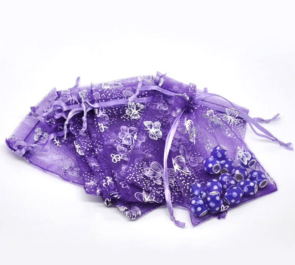 Picture of Wedding Gift Organza Jewelry Bags Drawstring Rectangle Purple Butterfly Pattern 12cm x9cm(4 6/8" x3 4/8"), 100 PCs