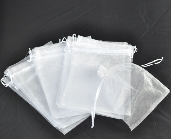 Picture of Wedding Gift Organza Jewelry Bags Drawstring Rectangle White 23cm x17cm(9" x6 6/8"), 50 PCs
