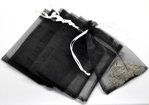 Picture of Wedding Gift Organza Jewelry Bags Drawstring Rectangle Black 15x10cm(5/8"x3/8"), 100 PCs
