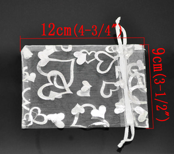 Picture of Wedding Gift Organza Jewelry Bags Drawstring Rectangle White Heart Pattern 12cm x9cm(4 6/8" x3 4/8"), 100 PCs