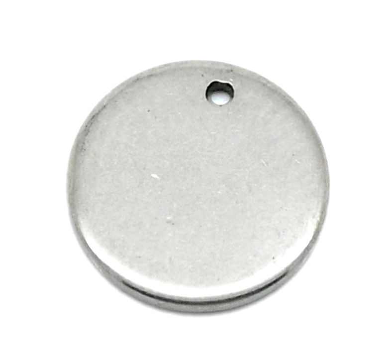 Picture of 304 Stainless Steel Blank Stamping Tags Charms Round Silver Tone Roller Burnishing 10mm Dia., 50 PCs