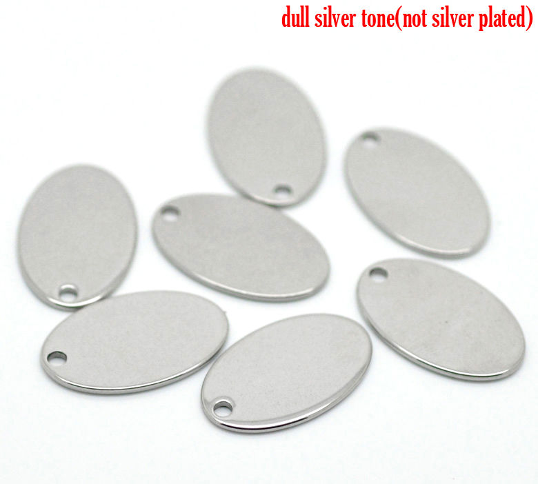 Picture of 304 Stainless Steel Blank Stamping Tags Charms Oval Silver Tone Roller Burnishing 17.5mm x 11.5mm, 20 PCs